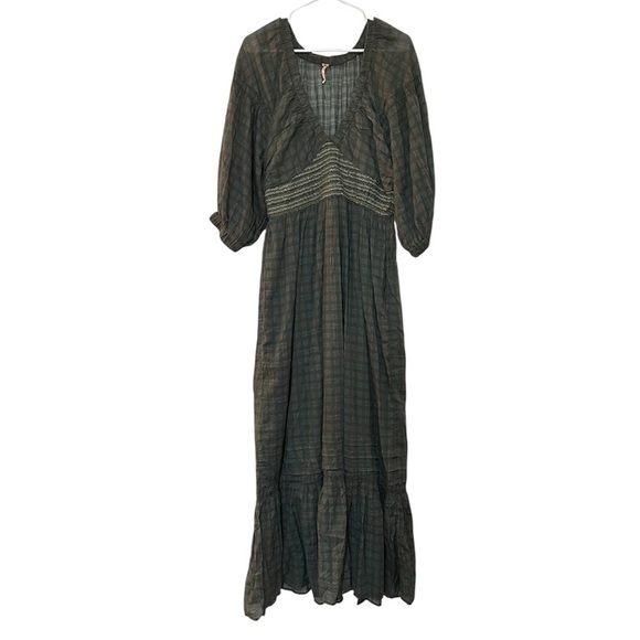 New Free People Golden Hour Maxi Dress Women M 3/4 Sleeve Plaid Boho Western - Picture 1 of 12